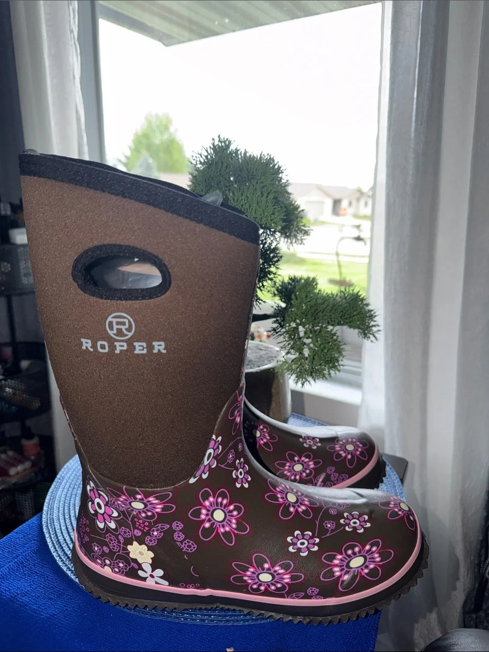 Roper Brown Rain Boots with Pink Floral Print